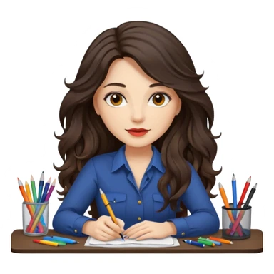 female dark wavy long hair graphic designer , color wheel, pens, papers, desktop sticker