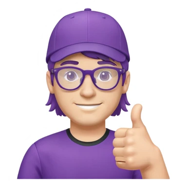Man with cap, purple jersey, glasses, mullet hairstyle, thumbs up sticker