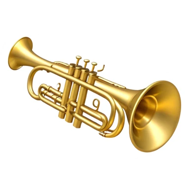 Create a sleek and polished emoji representing the Brahner trumpet. The design should feature the shiny brass body of the trumpet, with its distinct bell shape and coiled tubing. Highlight the three smooth, finger-operated valves, and the mouthpiece at the top of the instrument. The finish of the trumpet should be a rich, golden brass tone with subtle reflections, giving it a polished and professional appearance. Add musical notes or soundwaves around the bell of the trumpet to evoke its bold and brassy sound. Use golden, brass, and silver tones to emphasize the vibrant, high-quality design of the trumpet. The background should be transparent. sticker