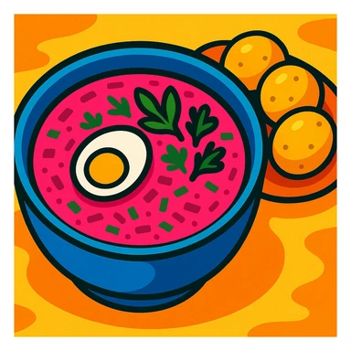 pink soup with egg and greens inside, boiled potatoes by its side, vibrant cartoon style sticker