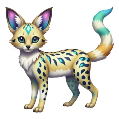 Rare iridescent white exotic epic aesthetic colorful Trico-Eevee-Serval-Genet-Civet-species-Fakemon-hybrid-creature, with intricate tattoo markings, full body sticker