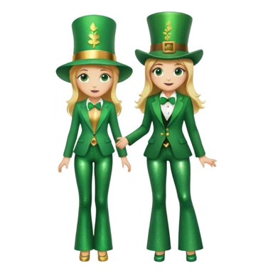 Blonde haired girl in glittery green bell bottoms and tall leprechaun hat and blazer sticker