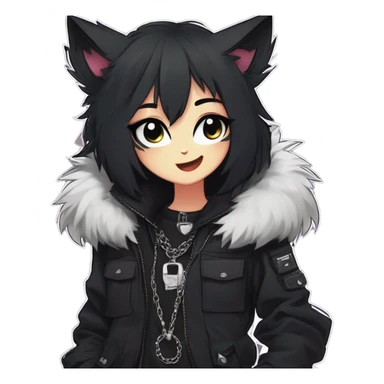 Gorgeous furry gothic dark techwear anime style anthro black cat furry sona Fakemon with blushing face aesthetic and pretty edgy black with collar and harness trending style chains cargo pants tomboy sticker
