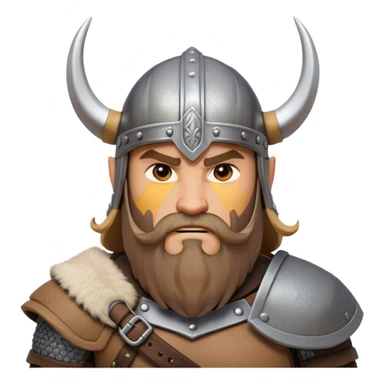 Clash of Clans aesthetic: Cinematic Fierce Viking Portrait Emoji, Poised and bold with a rugged yet stylized build, wearing a simple horned helmet and sporting a neatly trimmed beard, his face rendered in a natural skin tone, intense eyes reflecting fierce determination, Simplified yet dynamic features, highly detailed, glowing with a cool, battle-ready radiance, high shine, brave and resolute, stylized with an air of ancient Nordic valor, focused and commanding, soft glowing outline, capturing the essence of a fearless Viking adventurer ready to set sail on epic quests! sticker