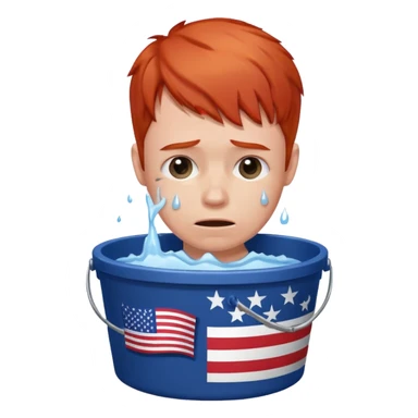 short red haired man crying into bucket with USA flag on it sticker