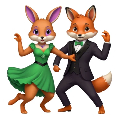 Purple bunny in a green dress and fox in a black suit dancing  sticker