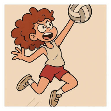 curly haired girl playing volleyball, jumping to spike, cartoon style sticker