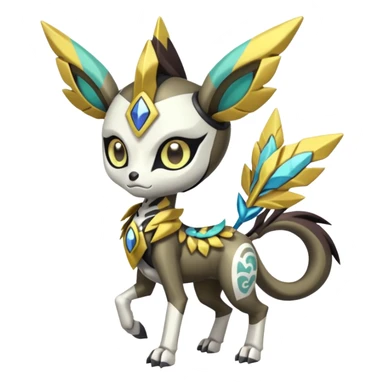 Arrow-patterned chevron-marked Cute Big-eyed anime-styled Colorful Shiny Tribal Skeletal masked armored Meloetta-Silvally-Solgaleo-Raikou-Pokémon-Digimon-Fakémon-fusion-hybrid-creature, full body sticker
