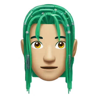 Head of Asian male cyborg with long green hair and circuits sticker