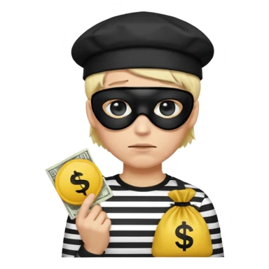 Realistic ios emoji-style portrait of a classic burglar, a black eye mask and a black-and-white striped shirt. emoji-like hair, black hat, a bag of money 💰 with a dollar sign in a right corner, mean expression  sticker