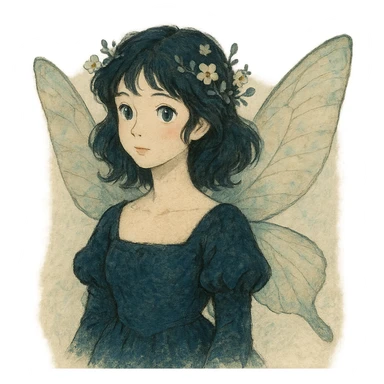 realistic whimsical black, blue and cream, natural colors, soft, fairy-like atmosphere, no background, square size sticker