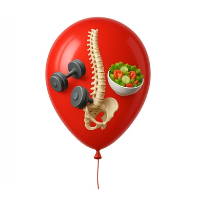 palloncino rosso con all'interno insalata, manubri da palestra e una spina dorsale anatomica realistica in 3d, isolato su sfondo bianco sticker