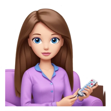 beautiful barbie girl with long brown hair, blue eyes and wearing light purple clothes watching tv shows sticker