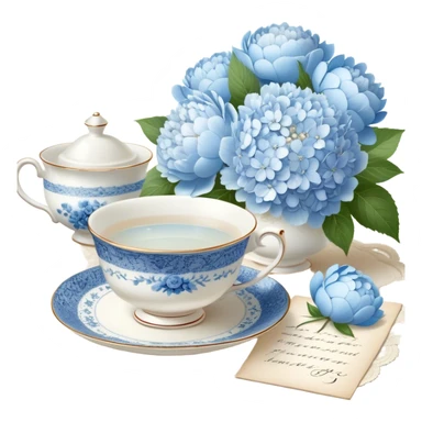 A serene still life of a vintage porcelain teacup with delicate blue floral patterns, resting on a lace tablecloth, accompanied by a handwritten love letter tied with a pearl ribbon and surrounded by white peonies and pale blue hydrangeas. sticker