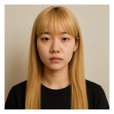 Korean girl with long blond hair and bangs, neutral expression, simple background sticker