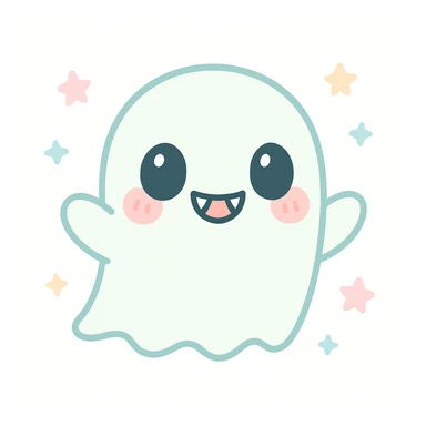 a chibi ghost with horror elements, like sharp teeth but blushing cheeks, cute and scary sticker