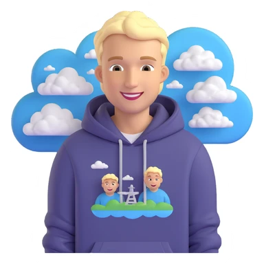 stylized 3D emoji of smiling blonde Dutch man, age 28, wearing hoodie, with engineering and cloud motifs sticker