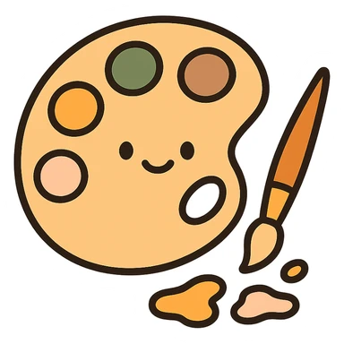 A cute and charming artist’s paint palette with dabs of paint in a warm, cozy color scheme: golden orange (FA9B41), deep forest green (4A7C5C), muted taupe brown (96775A), and pastel peach (FFCC9A). The wooden palette has a soft, rounded shape with a smooth finish, and the paint blobs are arranged neatly like little candy drops. Some splashes of color are playfully smeared nearby, and a tiny paintbrush rests beside the palette. The overall mood is light, artistic, and whimsical, with soft lighting and a gentle, creative atmosphere — perfect for a dreamy, storybook-style illustration. sticker