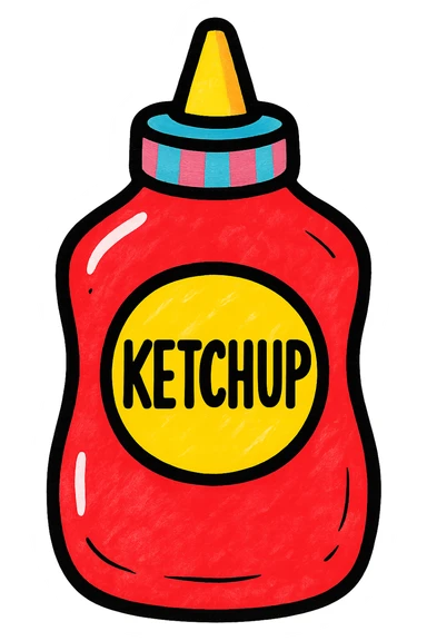 red ketchup bottle, stylized, playful, bold cap sticker