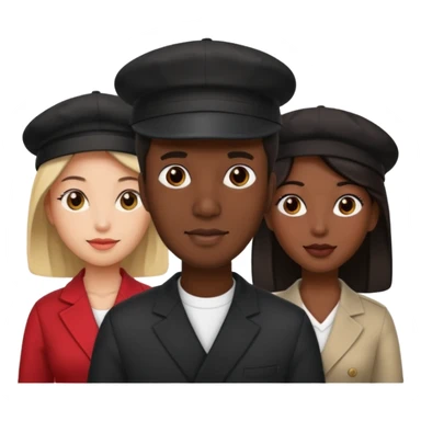 Black man with fitted hat on  with two women one black one Chinese  sticker