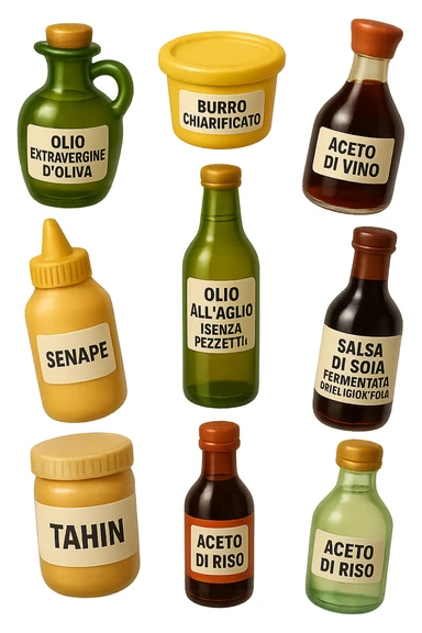 emoji stile iphone 3d di questi elementi che fluttuano in aria sparsi casualmente:

Olio extravergine d’oliva, burro chiarificato
Olio all’aglio (senza pezzetti)
Aceto di vino, aceto di riso, senape, tahin
Salsa di soia fermentata (senza aglio/cipolla)


 che fluttuano sparse casualmente in aria, le etichette dei prodotti scrivile in italiano, iperealistico 4k sticker