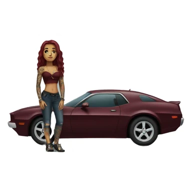 Beautiful tattooed burgundy long haired woman standing next to a car sticker