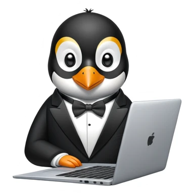 penguin using a laptop branded system76 sticker