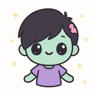 zombie boy with black emo hair and purple shirt, kawaii style sticker