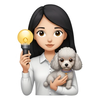 A girl with long straight hair and a white shirt is holding a small light gray poodle sticker