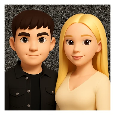Slightly increase the volume of the upper body of the girl, separate the girl and the boy from each other, make the skin color the same for both characters, while preserving the cartoonish 3D style as shown in the reference image. sticker