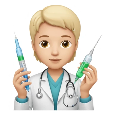 emoji comprando con traje de doctora con una jeringa en la mano sticker