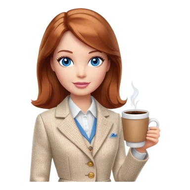 A Barbie girl with blue eyes, shoulder-length reddish-brown hair, made-up, wearing a white tweed jacket and a beige skirt, is sitting at a table with a cup of coffee in her hands sticker