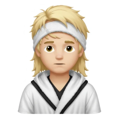 Create a blond boy with long, messy hair, light eyes, a white t-shirt, rich, with long hair, blue eyes, medium-length, voluminous hair, wearing a black Nike bathrobe and a little blush near his nose. and with a balaclava, type bandit balaclava sticker