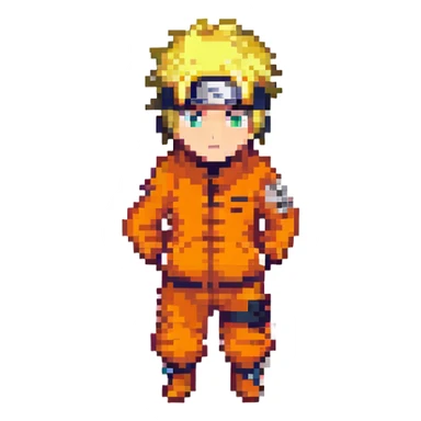 Naruto character, pixel art style, simplified features, iconic orange outfit sticker