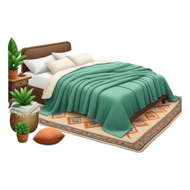 cozy modern boho bedroom with many houseplants, layered rugs, and piles of textured blankets and pillows sticker