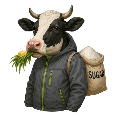 a cow wearing a gray jacket with neon green accents, eating grass with butter, carrying a bag filled with white sugar sticker