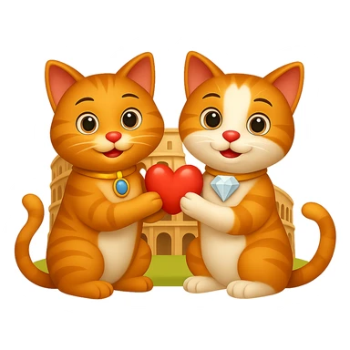 Add a big diamond on the collar of one of the happy cats. Keep the Colosseum in the background. The style should resemble emoji style with a transparent background. sticker