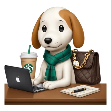 snoopy in a desk with starbucks and his chanel purse sticker