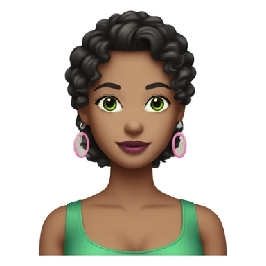 Create an emoji-style character of a WHITE skin girl with bright green eyes, long black curly or wavy hair, wearing hoop earrings. She has a green v-neck top, wears mascara, and is styled with soft pink mauve lipstick sticker