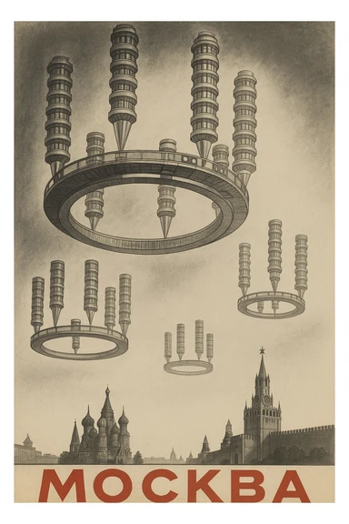 Открытка в стиле СССР где изображен летающий город в СССР 1920-х годов Георгия Крутикова, подпись Москва sticker