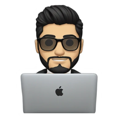 zayn malik in black hair, beard wearing spectacles coding on macbook sticker