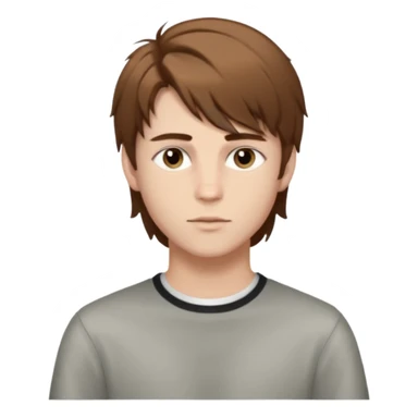 A young white boy with brown hair and eyes, with slightly long, straight and disheveled hair with wolfcut haircut, Make it look aesthetic, it's a trans boy sticker