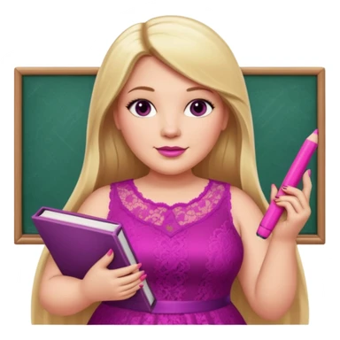 A plus-size white woman with long, straight blonde hair is wearing a magenta lace sleeveless dress. She is standing with magenta nail polish and holding a book and a crayon.. sticker