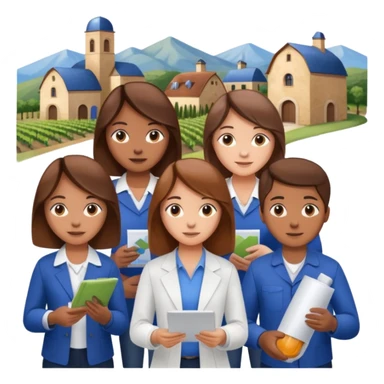 Make a photo of 5 project managers, specifically 3 girls with brown hair and 2 boys, that are making project for improvement of the winery sticker