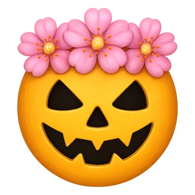 halloween yellow face with pink flower crown emoji, digital illustration, remove background sticker