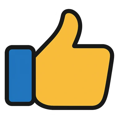 Create a thumbs up (like button) icon matching the style of the provided reference image, with a transparent background. The style is lineal color icon with black outlines, supporting text and detailed editing. sticker