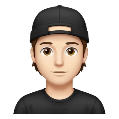 a white bro with brunette hair, wearing a black cap and a black shirt sticker