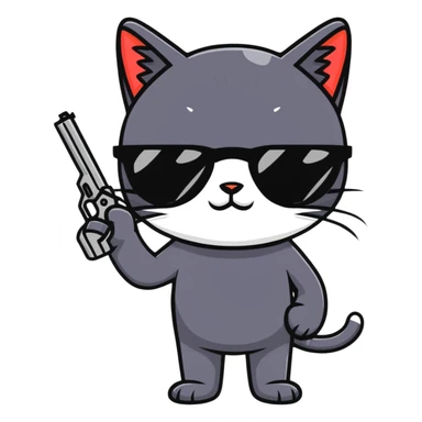 black cat with sunglasses and a gun sticker