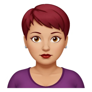 femme 40 ans, cheveux très court rouge foncé piercing sur le nez yeux marrons, surpoids sticker