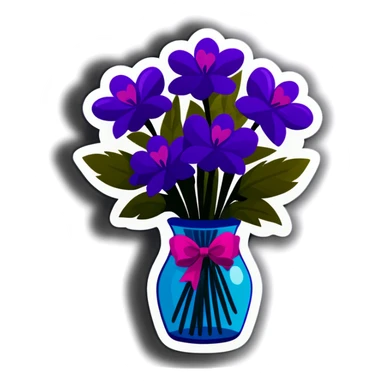 bouquet of purple flowers tied with ribbon in a vase sticker